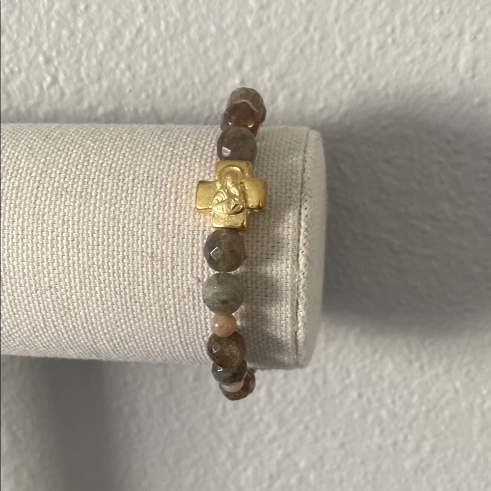 Virgin Mary 14k Gold Plated Bead & Labradorite/Jasper Stretch Bracelet
